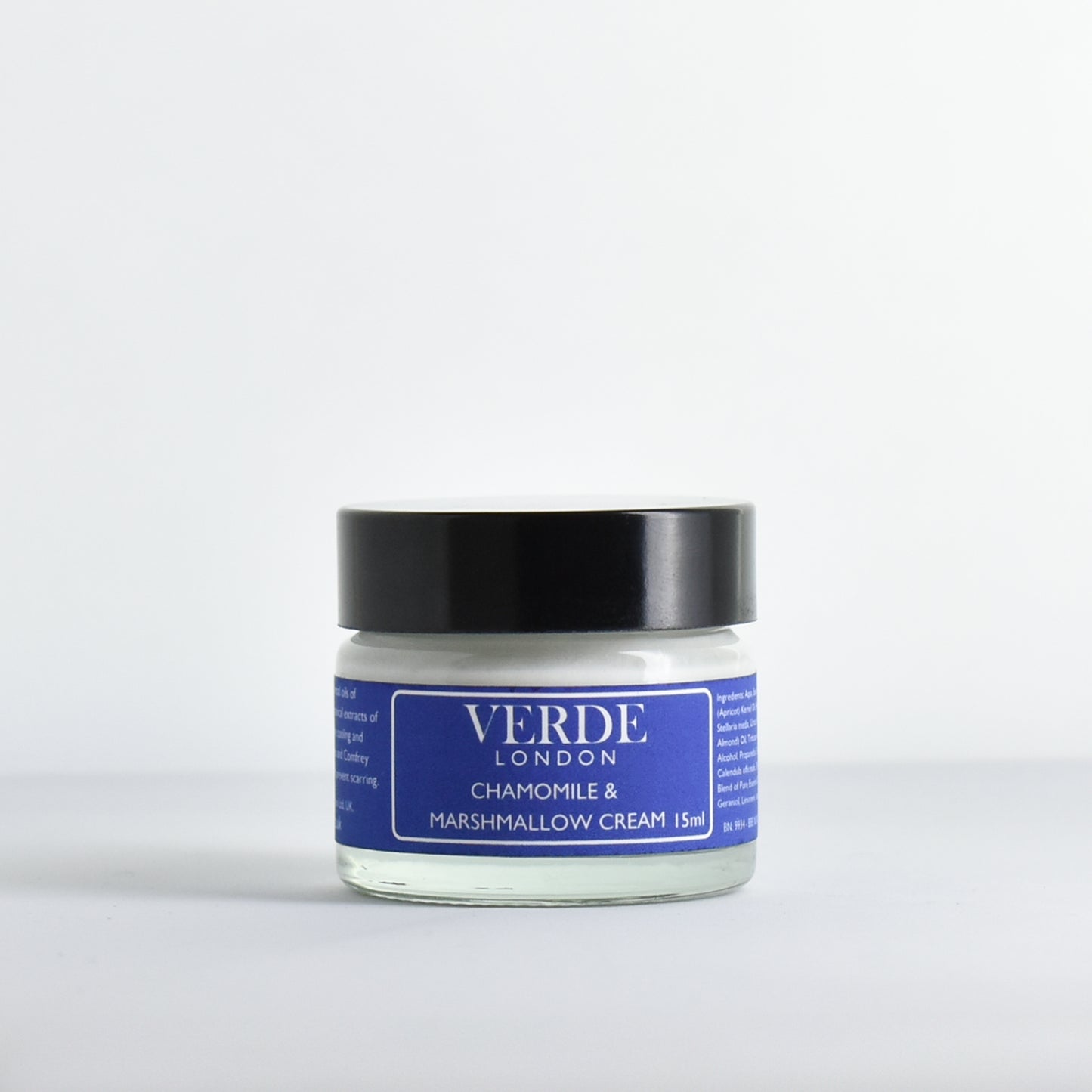 Glass jar of Chamomile and Marshmallow Cream by Verde London with a blue label on a white background