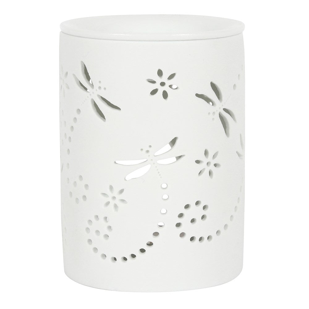 White ceramic oil burner with a dragon fly cut out design, featuring a bowl on top and a space to add a tea light candle.