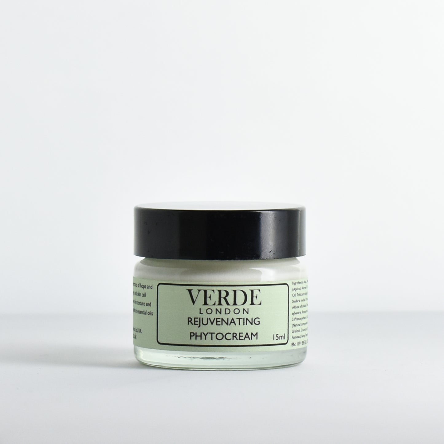 Glass jar of Verde London Rejuvenating Phytocream with a pale green label on a white background