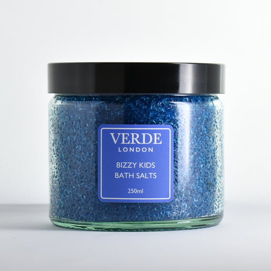 Glass jar blue of 'Bizzy Kids Bath Salts' by Verde London on a white background