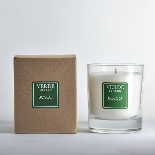 Verde London Bosco candle with a green label and packaging on a white background
