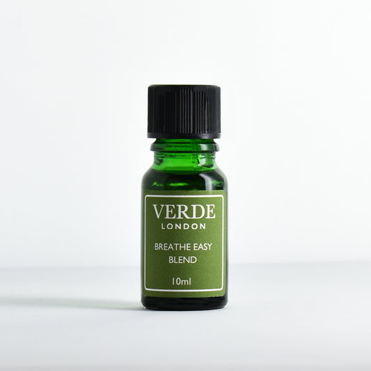 Green glass dropper bottle labeled 'Verde London Breathe Easy Blend' on a white background