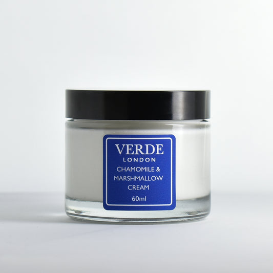 Glass jar of Chamomile and Marshmallow Cream by Verde London with a blue label on a white background