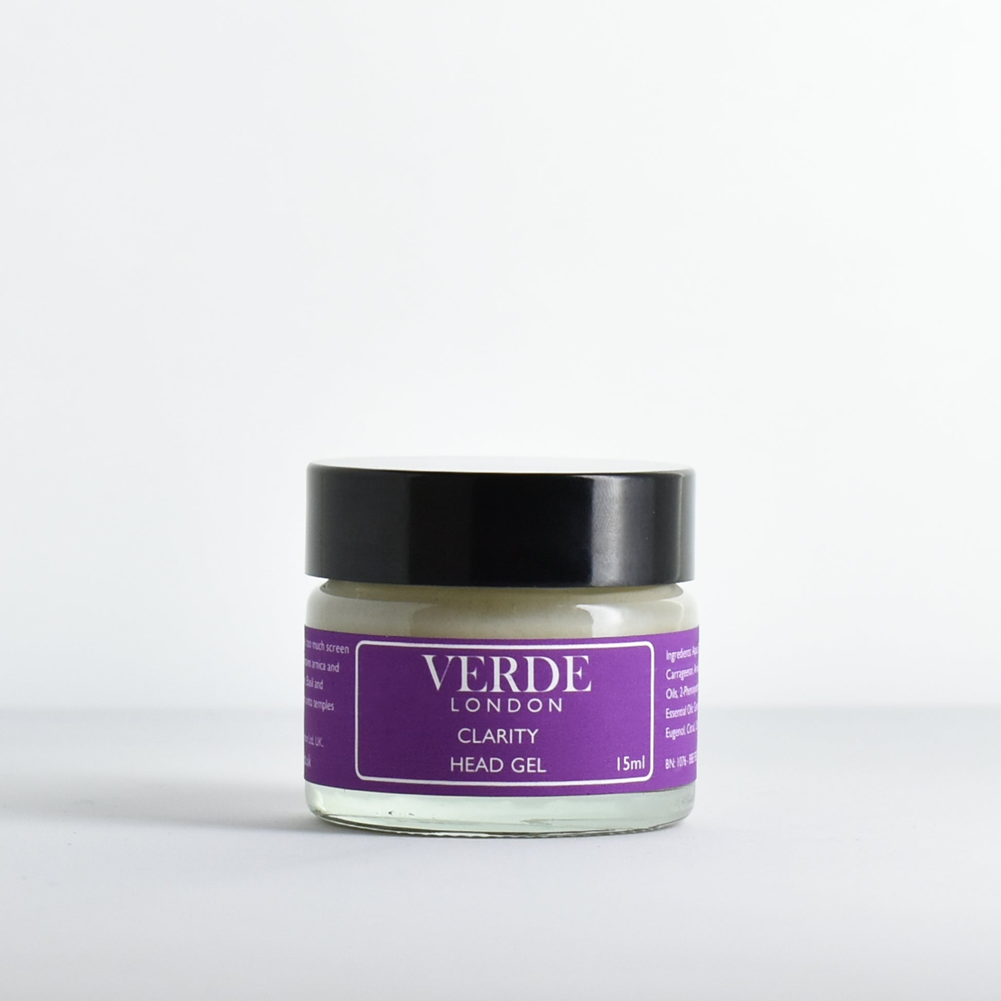 Glass jar of 15ml Verde London Clarity Head Gel with a purple label on a white background