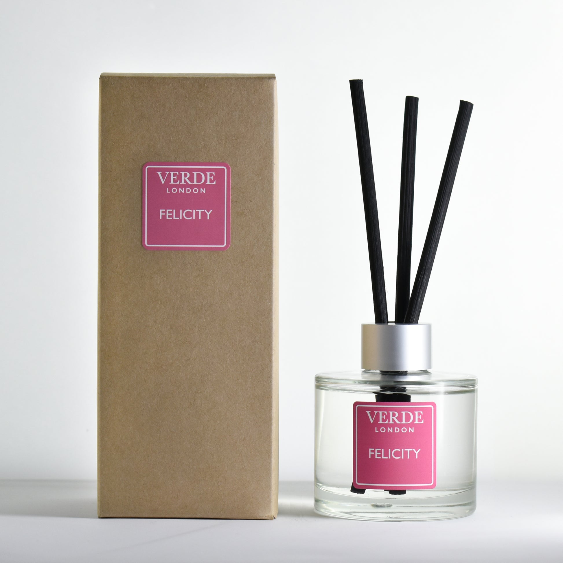 Verde London Felicity reed diffuser with a pink label and packaging on a white background