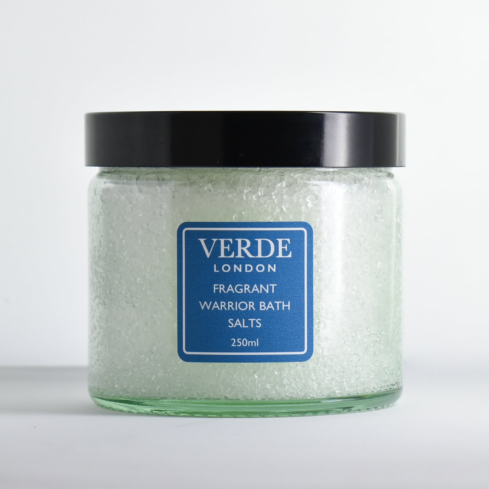 Glass jar of Verde London Fragrant Warrior Bath Salts on a white background
