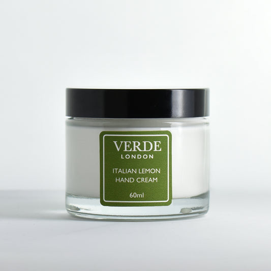 Jar of 60ml Italian Lemon Hand Cream with a green label by Verde London on a white background