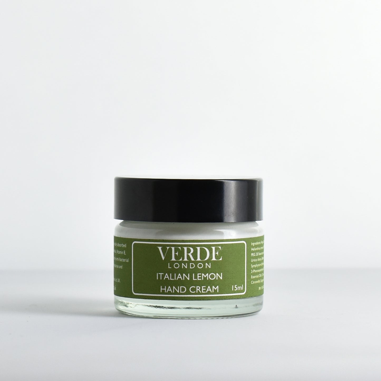Jar of 15ml Verde London Italian Lemon Hand Cream with a green label on a white background
