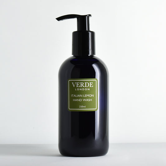 Dark bottle of Verde London Italian Lemon Hand Wash with a green label on a white background