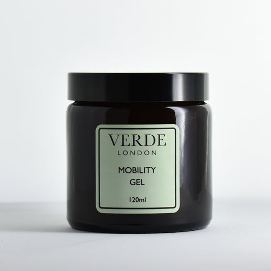 Amber glass jar of Verde London Mobility Gel with a pale green label on a white background