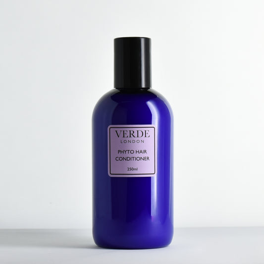 Blue bottle of Verde London Phyto Hair Conditioner with a purple label on a white background