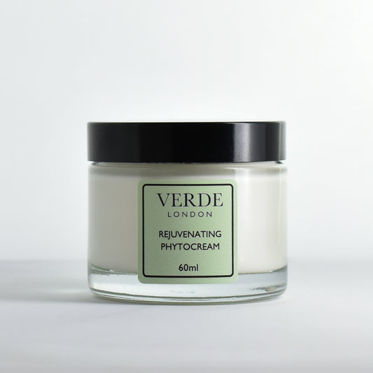 Glass jar of Verde London Rejuvenating Phytocream with a pale green label on a white background