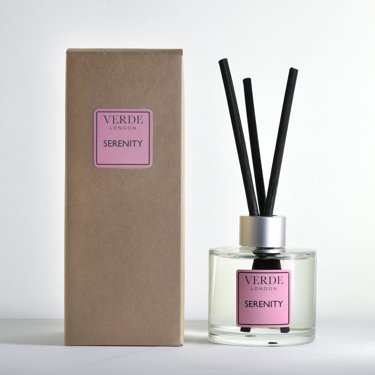 Verde London 'Serenity' diffuser with a pink label and packaging on a white background