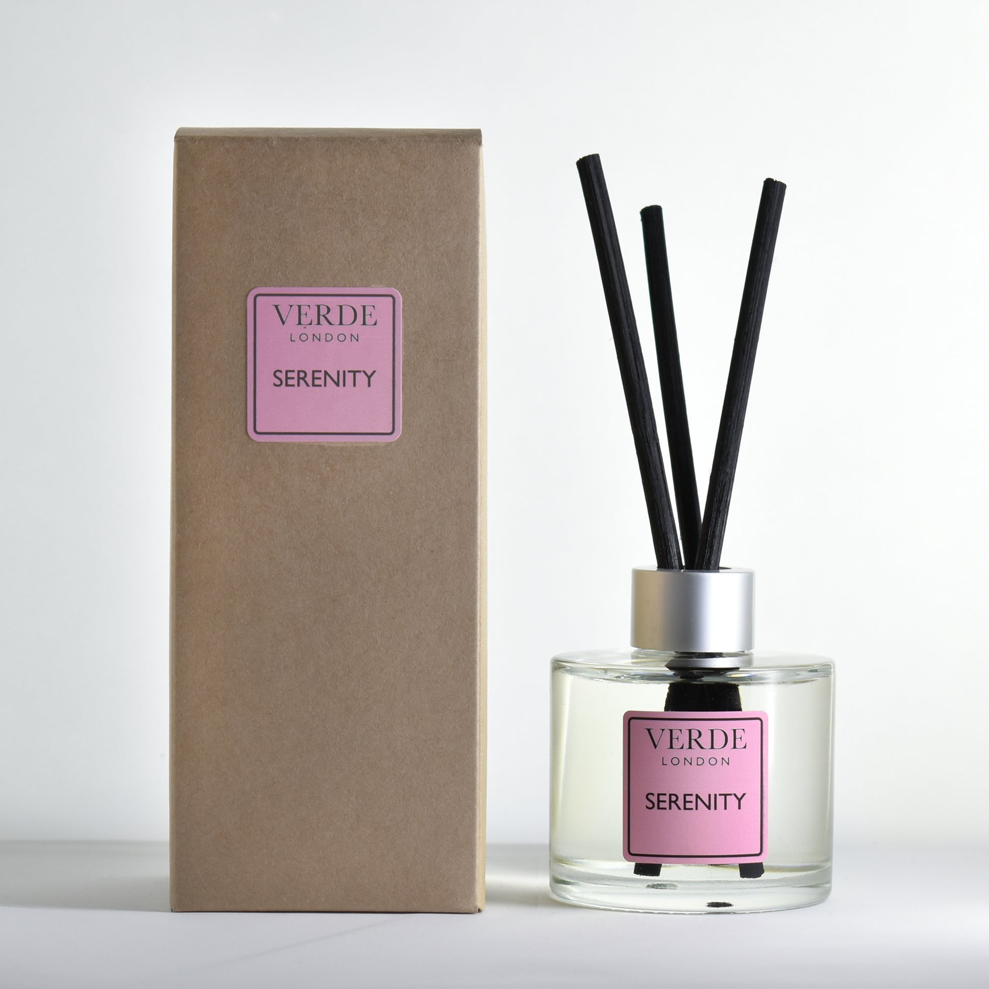 Verde London 'Serenity' diffuser with a pink label and packaging on a white background
