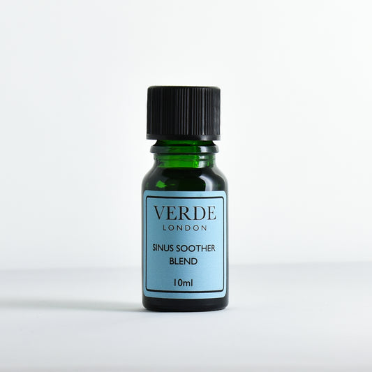 Green glass dropper bottle labeled 'Verde London Sinus Soother Blend' on a white background