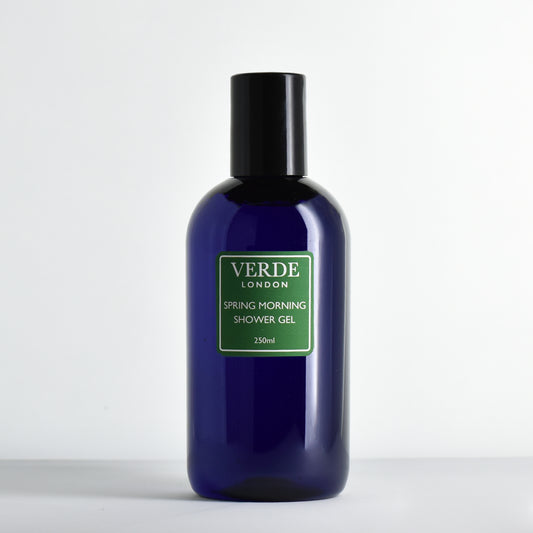 Blue bottle of Verde London Spring Morning shower gel with a green label on a white background