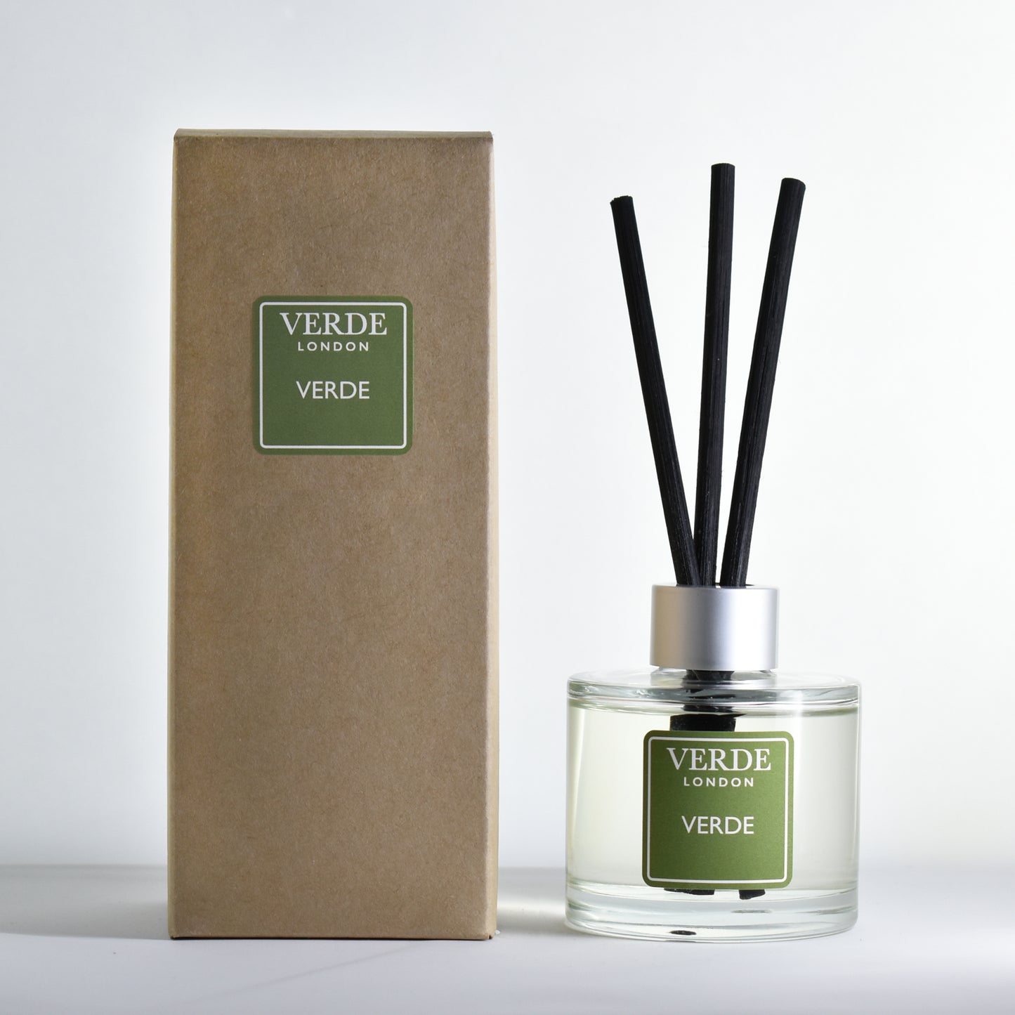 Verde London 'Verde' diffuser with a green label and packaging on a white background
