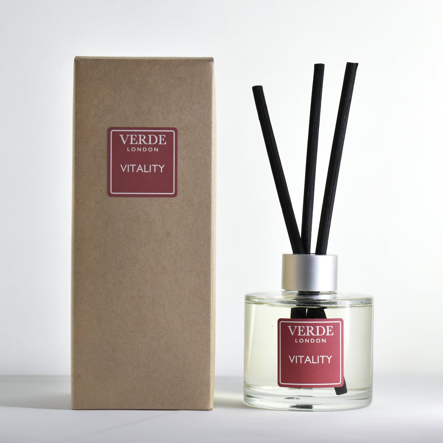Verde London 'Vitality' diffuser with a burgundy label and packaging on a white background